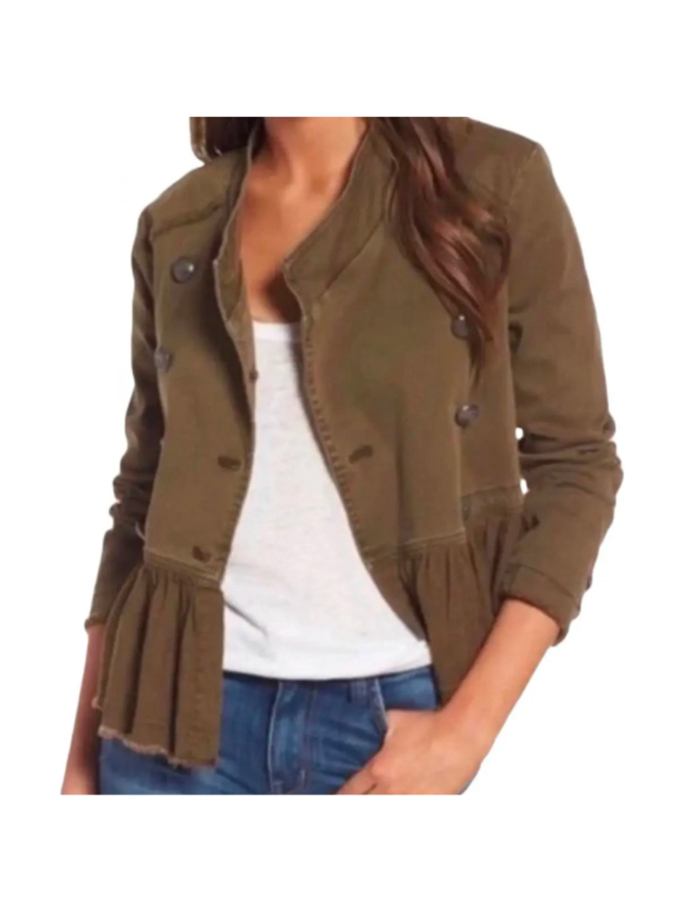 Free People Olive Military Inspired Flared Hem Denim Jacket - Small - Picture 3 of 11